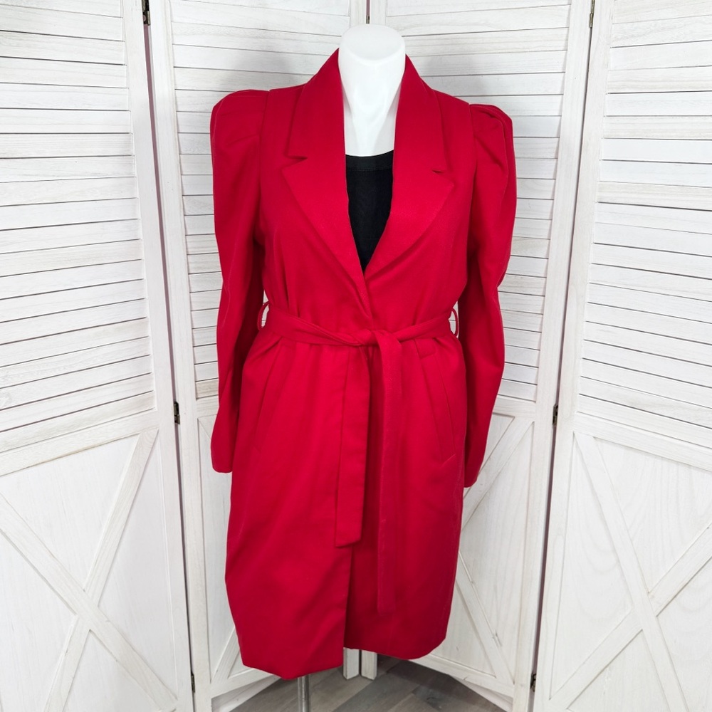 OnTwelfth Coat Women Size XL Red Puff Shoulder Sleeve Belted Trench Long Cherry